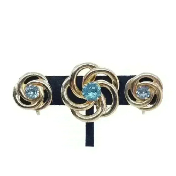 Vintage Gold Brooch Earrings MCM Swirl & Blue Topaz Rhinestone Sar Coventry Set - Picture 1 of 6